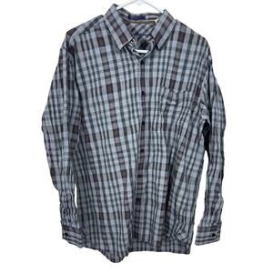 Tommy Bahama Mens Large Button Up Grey Checkered Shirt Tencel Lyocell Guys Camp